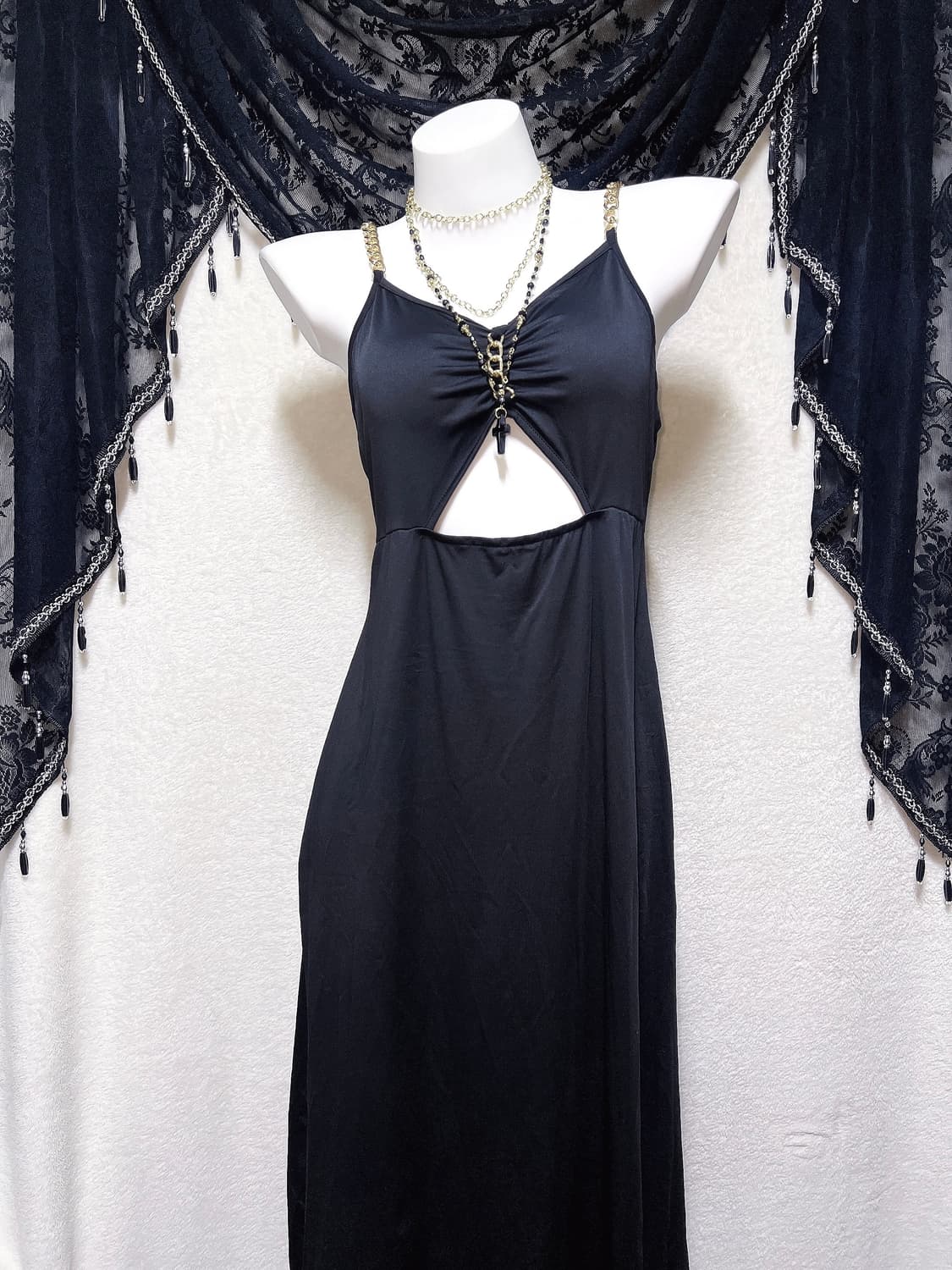 오네갸루 로맨틱고딕 고스펑크 금장체인 블랙 롱드레스 트임원피스 섹시 코스 상품이미지5
