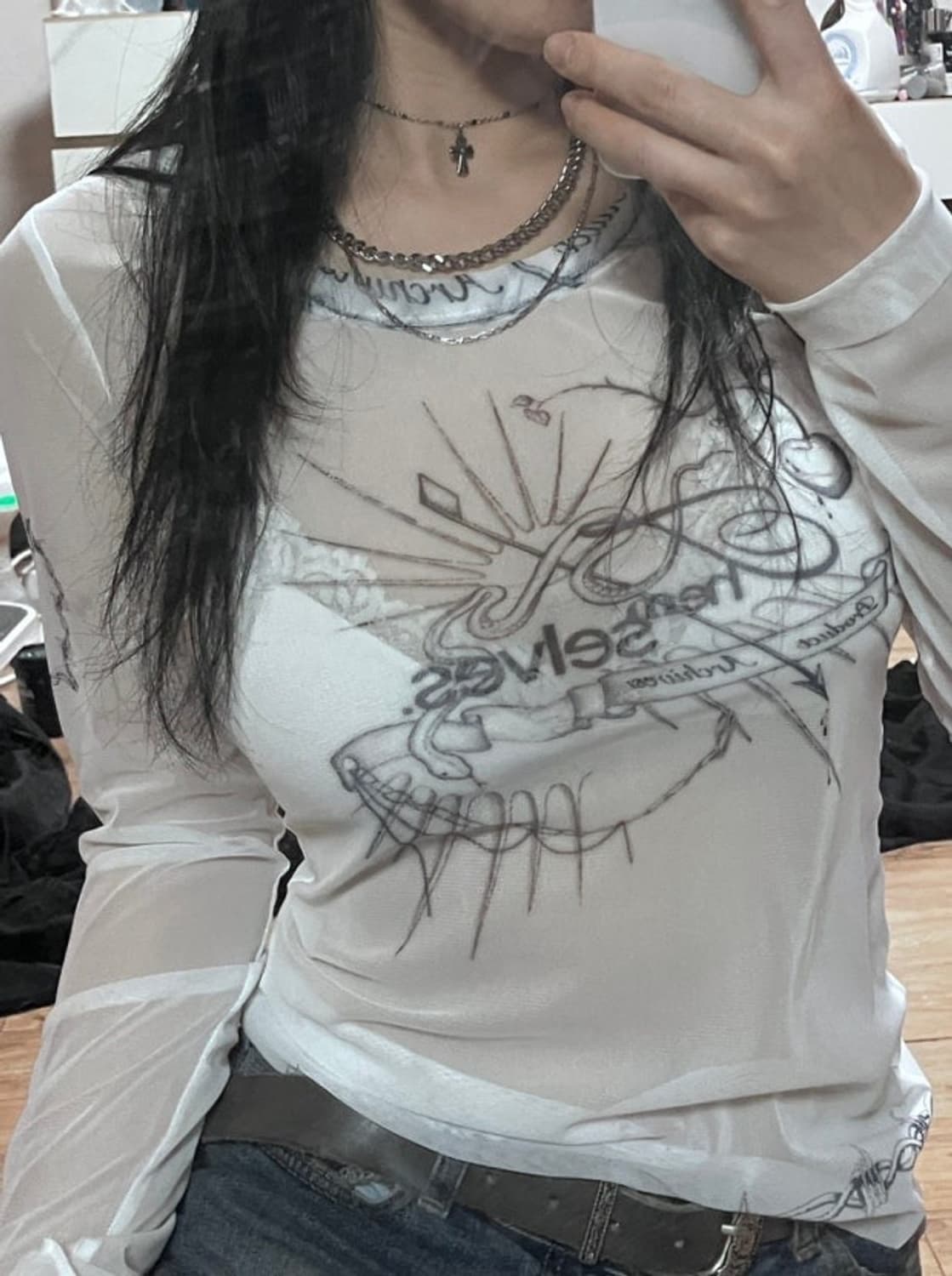 2000아카이브 더오픈프로덕트 메쉬 프린팅 탑 단종템 상품이미지5