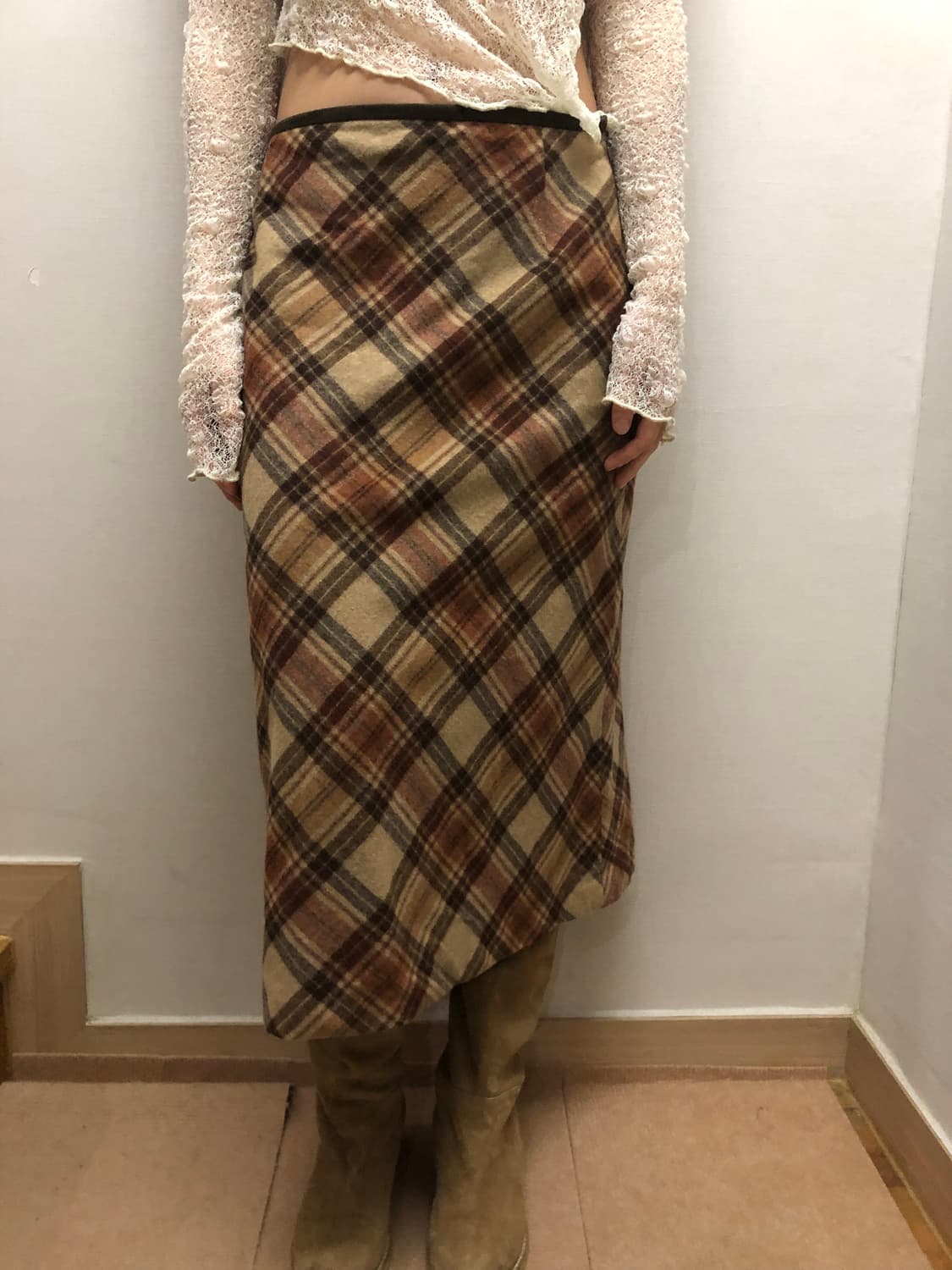 빈티지 브라운 울 체크 스커트 상품이미지2