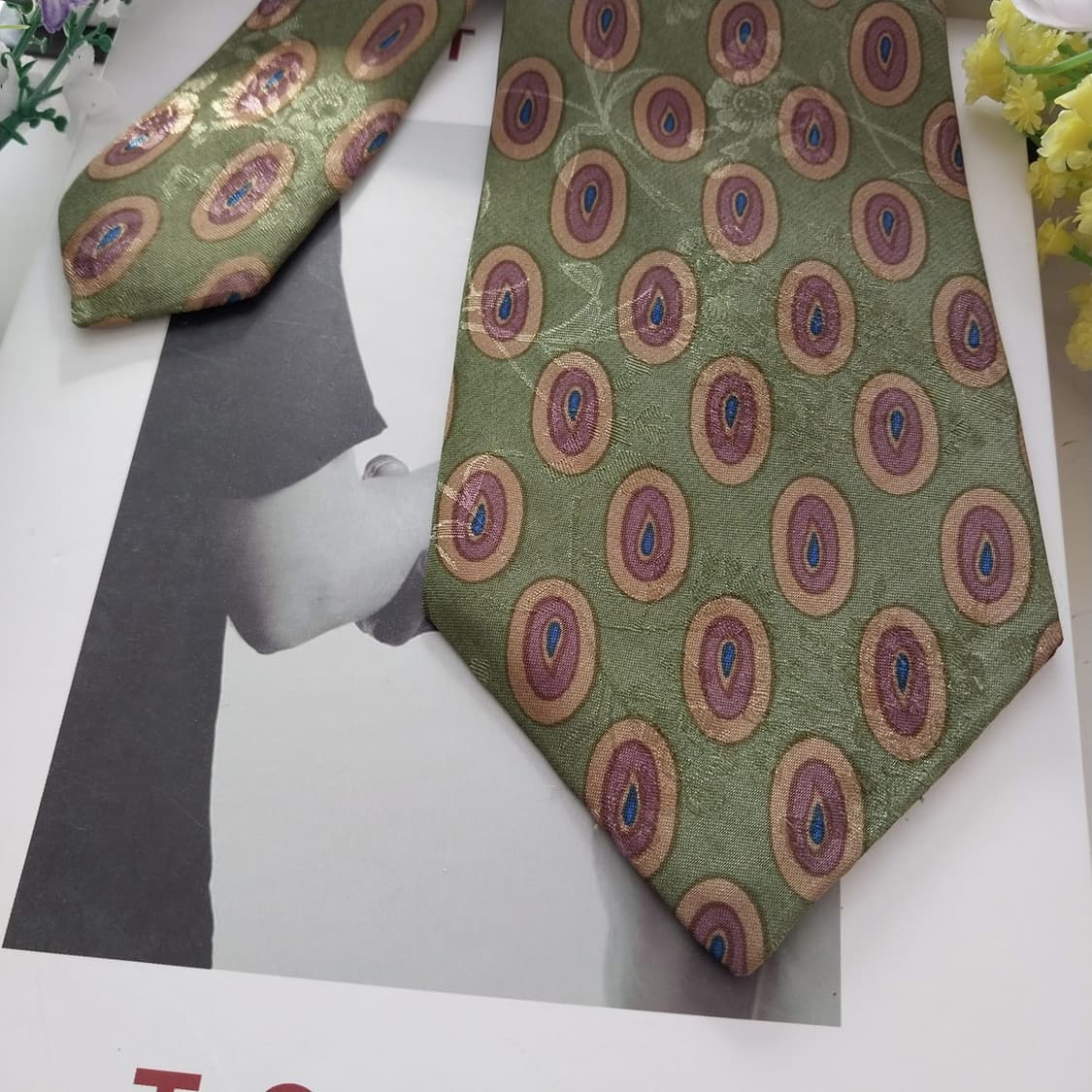 올도쿄보이 실크 그린 플라워 자카드 넥타이 8.7cm A+등급 K1314 상품이미지3