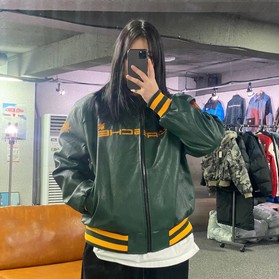 포르쉐 빅패치로고 그린 레더자켓 B3698 상품이미지1