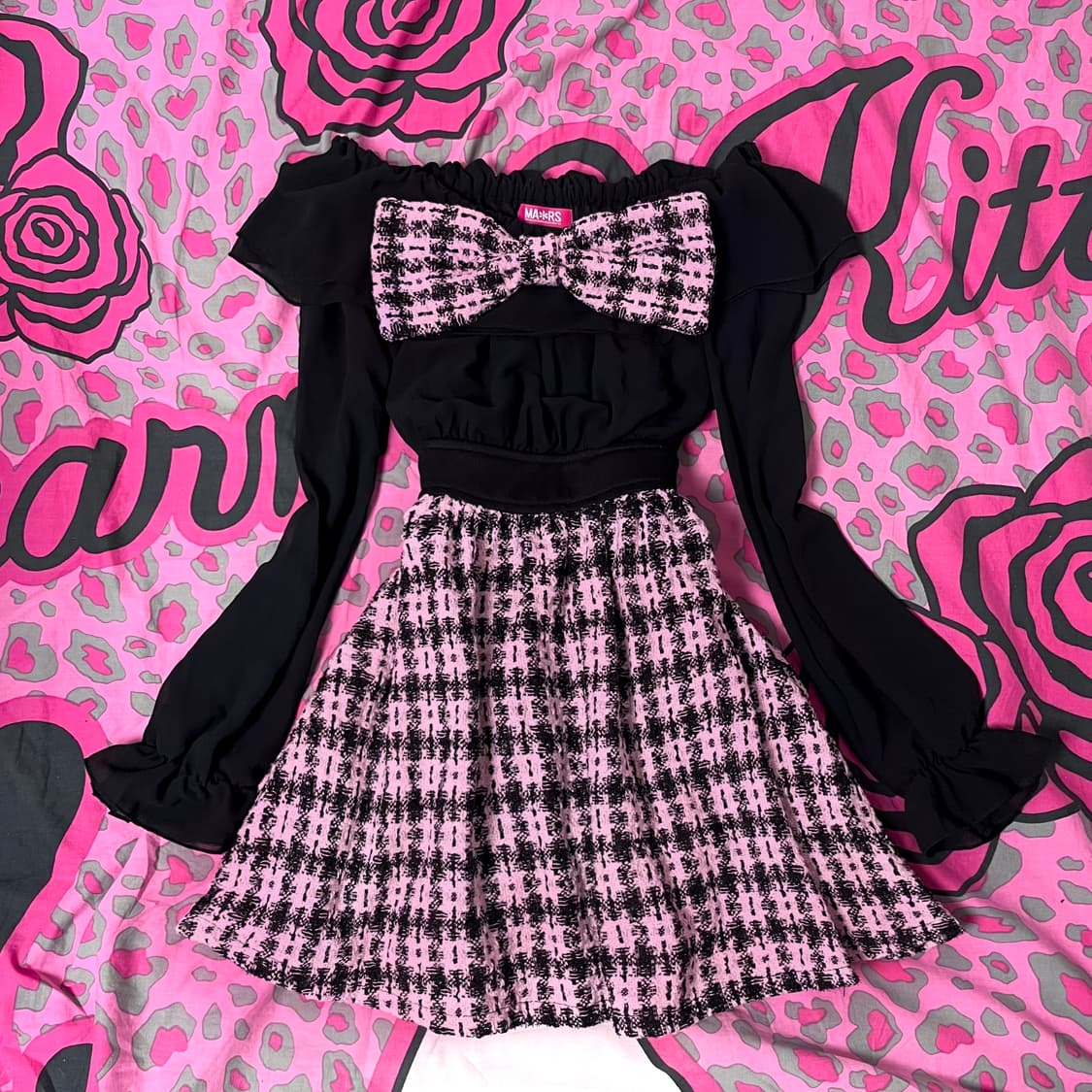 MA*RS마즈 블랙핑크 트위드 리본 오프숄더 원피스 히메 로맨틱갸루 핀터 상품이미지1
