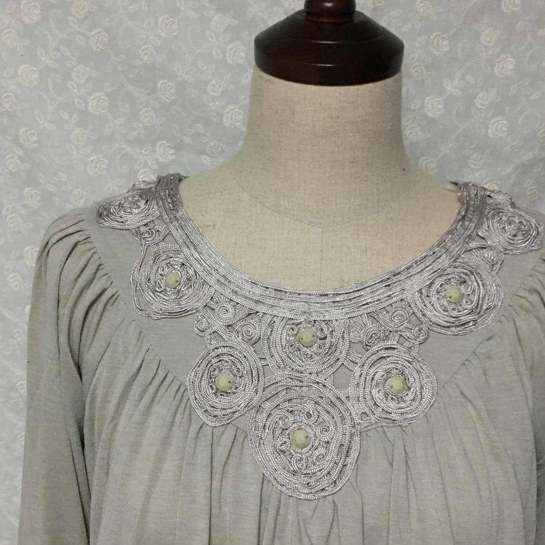 빈티지 플로럴 자수 레이스 넥 프릴 원피스 티 상품이미지3