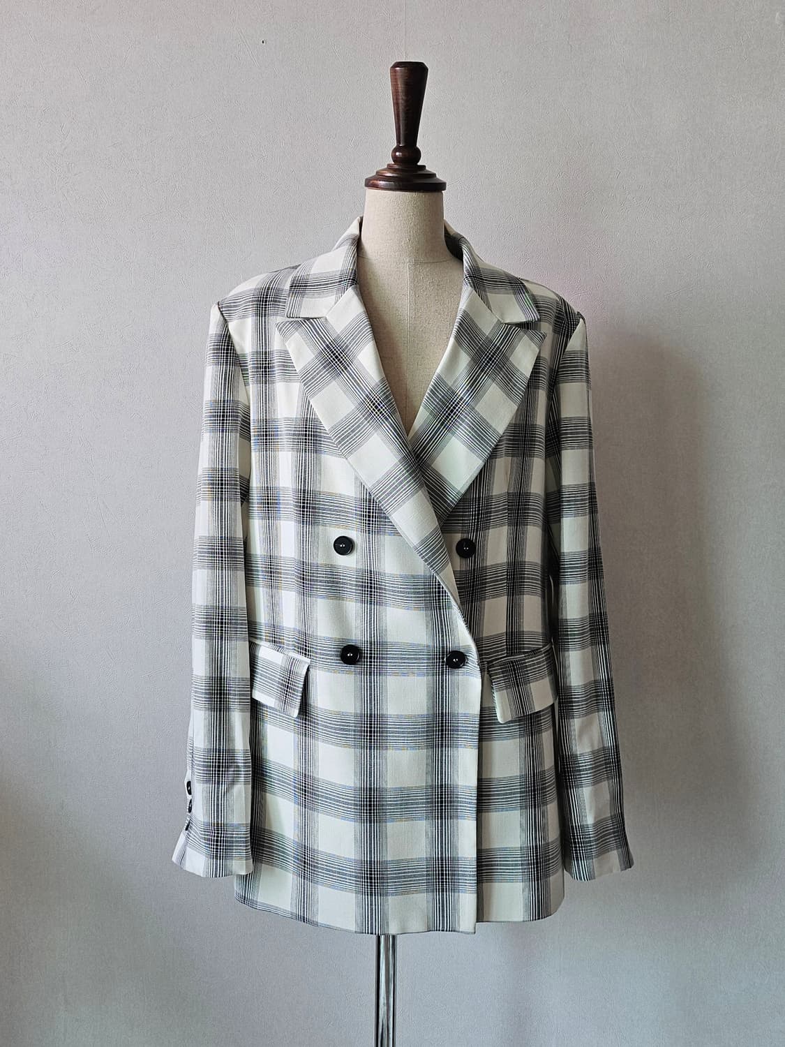 일본감성 크림 체크 자켓 여리핏 더블 봄~여름 아우터 (로미스토리) 상품이미지3