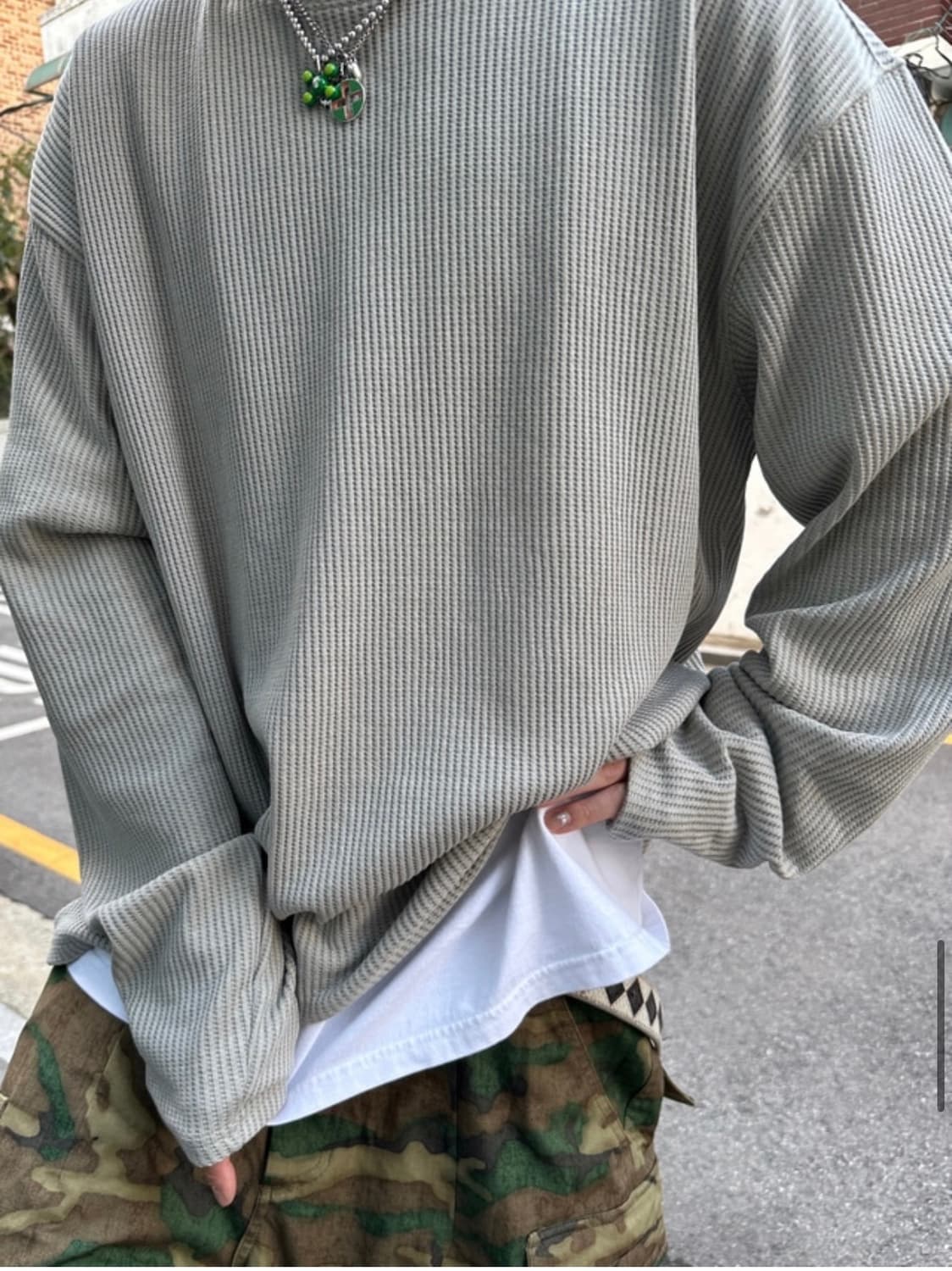 [OS]언타이틀드 아이딜 와플 롱슬리브 세이지그린 상품이미지1