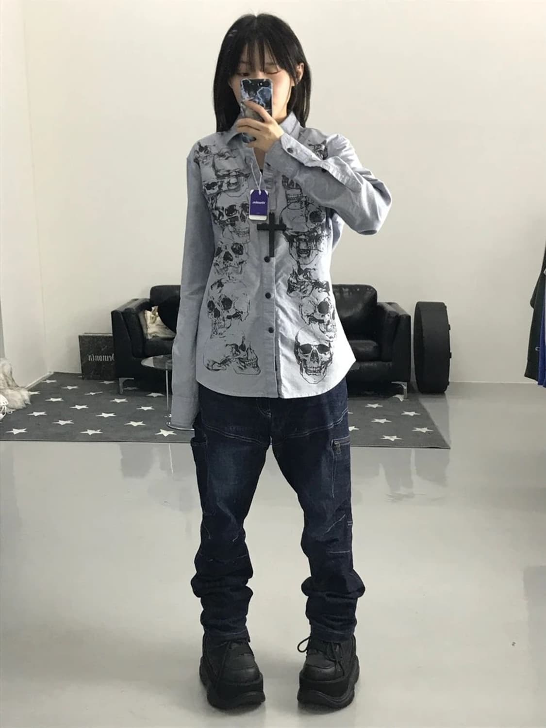 리플레이 그레이 스컬 프린팅 셔츠 상품이미지1