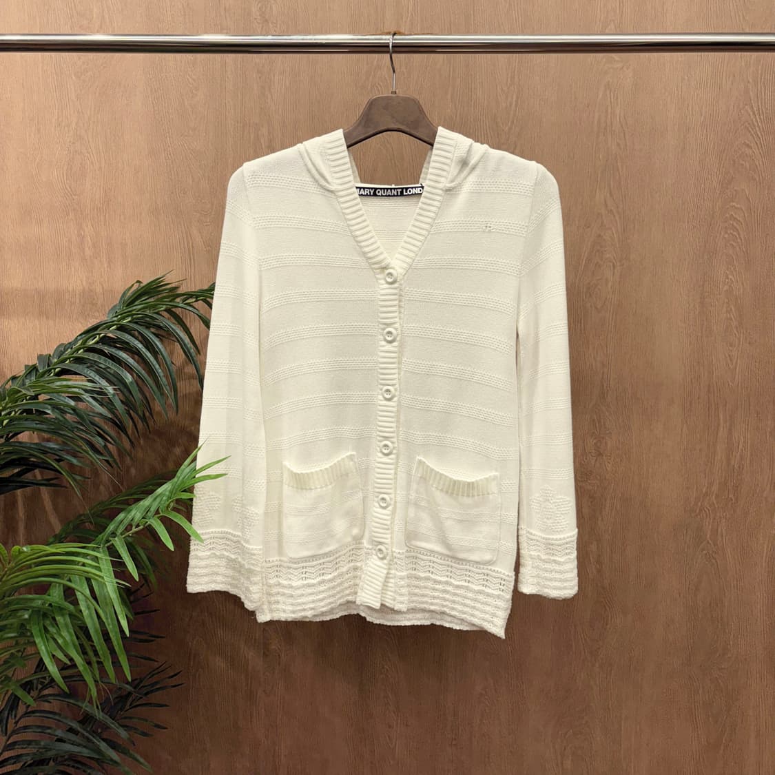 메리퀀트 런던 후드 니트 가디건 스트라이프 레이스 조직 디테일 화이트 상품이미지1