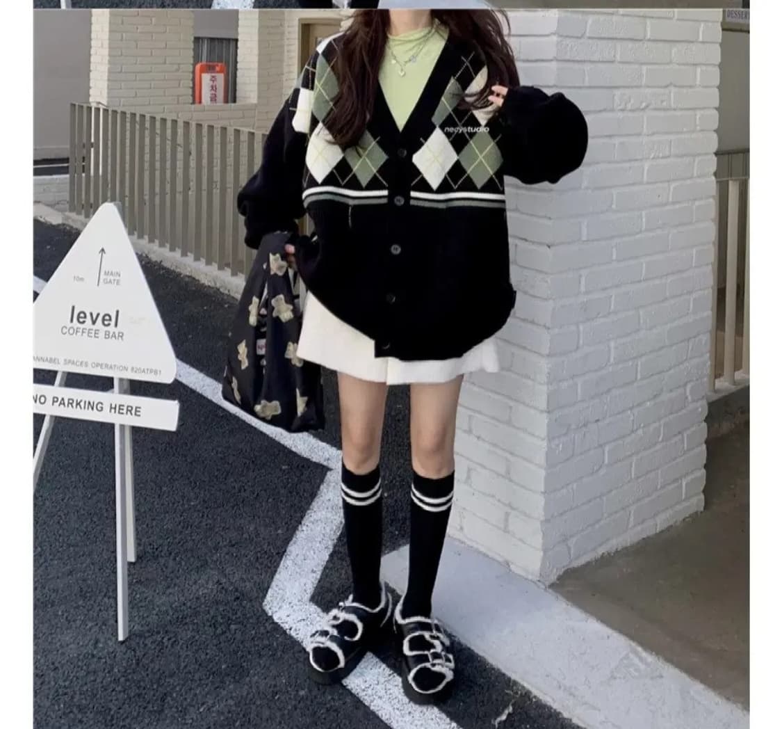 빈티지아가일니트집업가디건아방박시보이핏브이넥체크오버핏모리걸니트스웨터자켓 상품이미지5