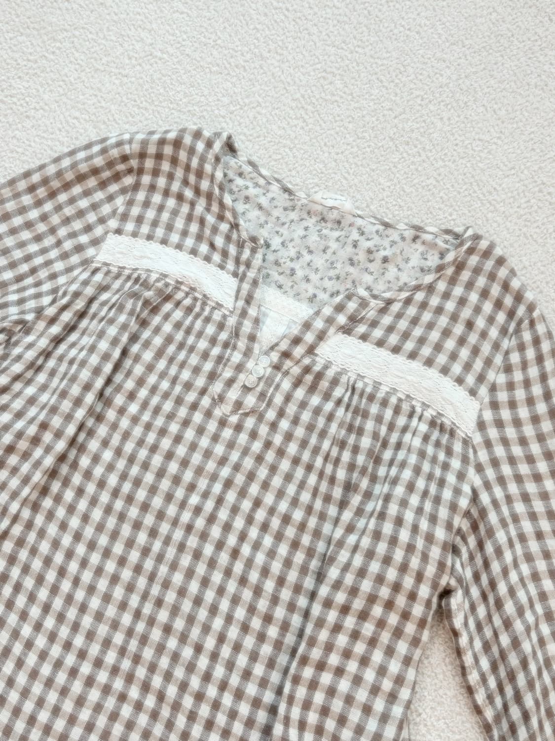 빈티지 테디베어 체크 모리걸 블라우스 하구미 사와코 라떼갸루 너드 모리 상품이미지1