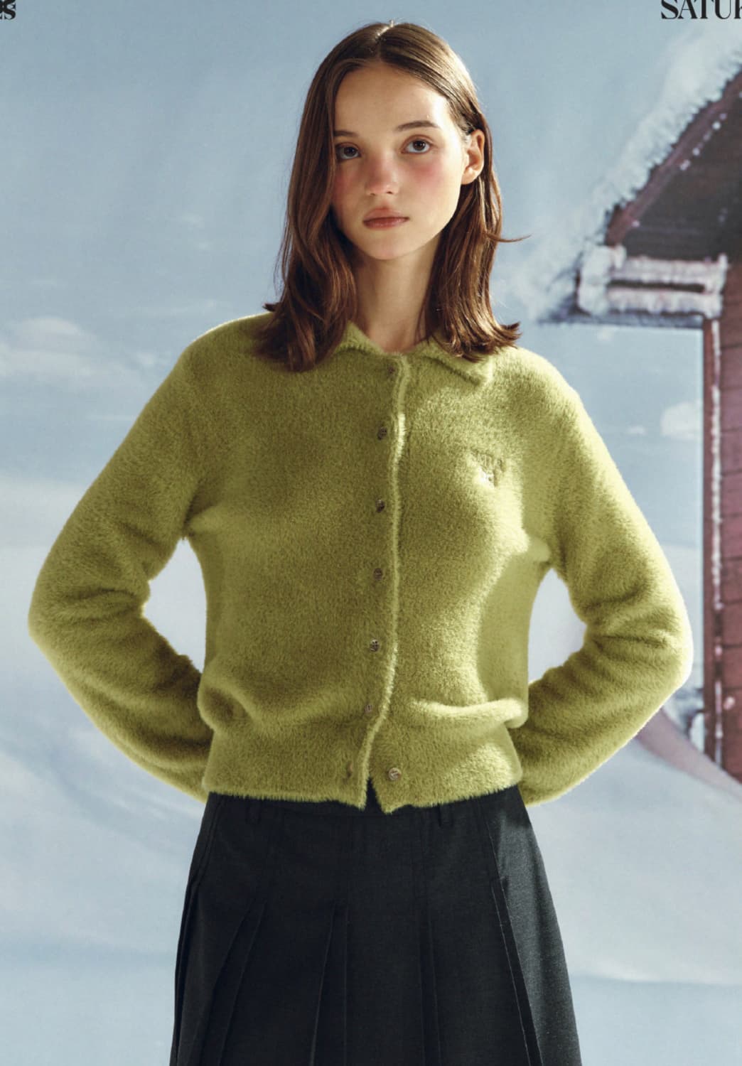 세터 헤어리 카라 니트 가디건 올리브 그린 상품이미지1
