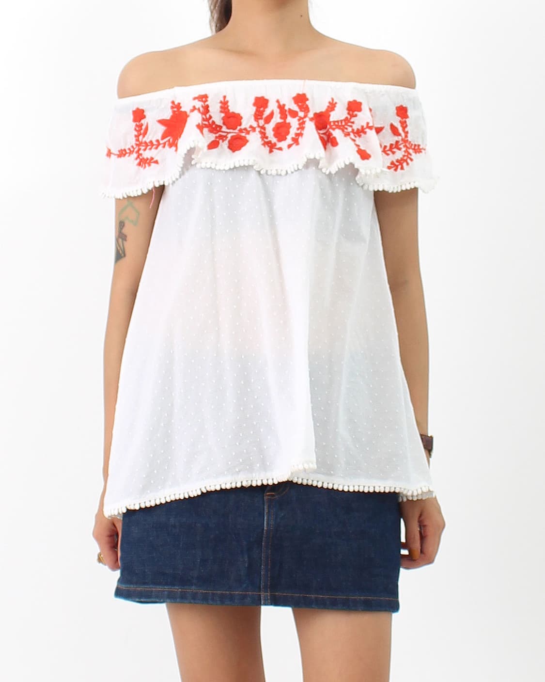 유럽 빈티지 플라워 자수 오프숄더 나시 화이트 여름 블라우스 상품이미지2