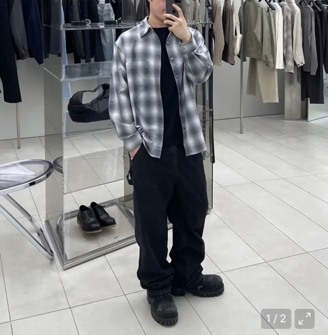 인사일런스 오버핏 체크 셔츠 GREY BLUE L사이즈 상품이미지5