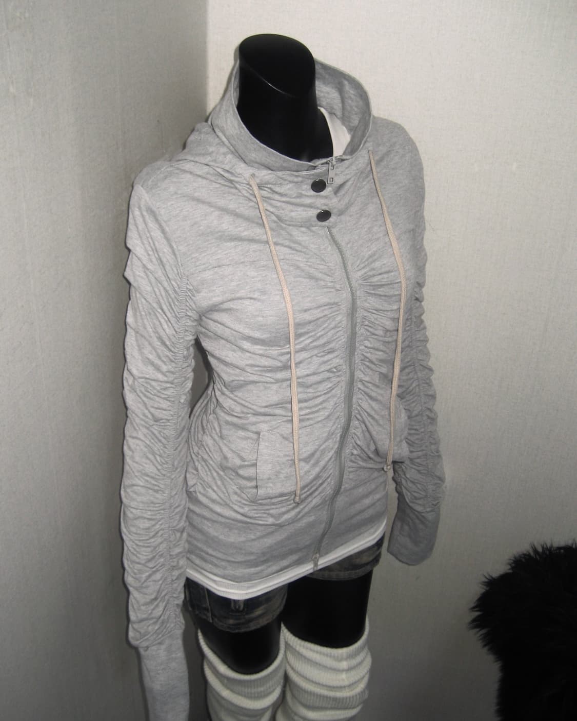 그레이 셔링 하이넥 후드집업 상품이미지1