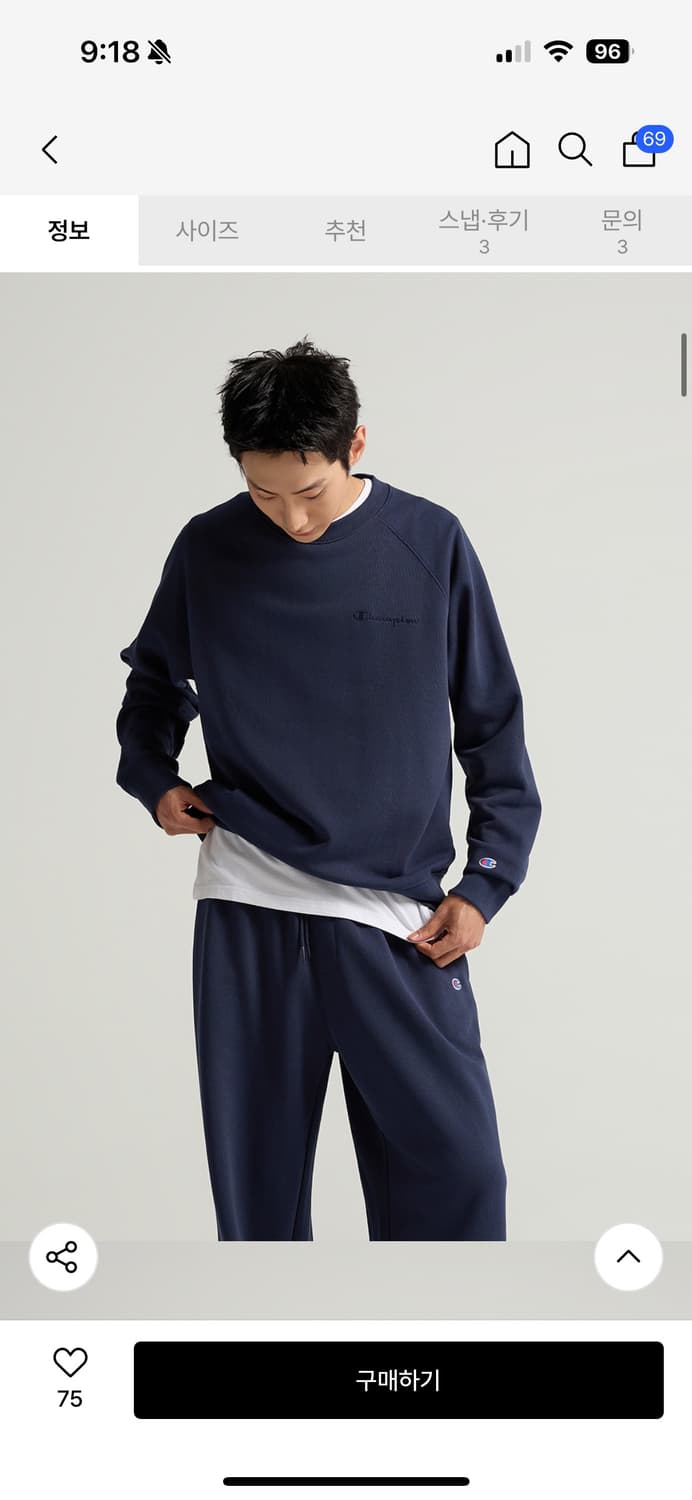 새상품 챔피온 스몰 로고 루즈핏 스웨트셔츠 Navy L 상품이미지3