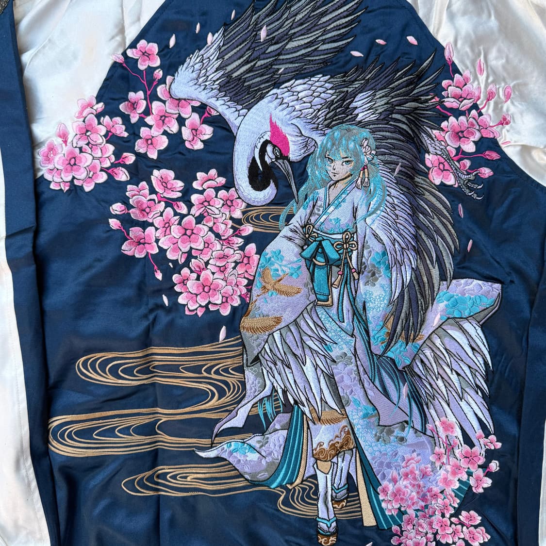 자수 학 벚꽃 스카잔 블루 상품이미지3