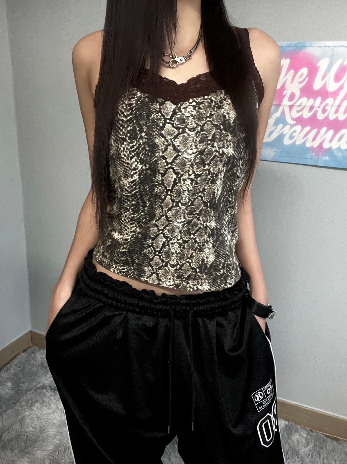 y2k 갸루 브라운 펑크 뱀피 파이톤 레이스 슬리브리스 상품이미지2