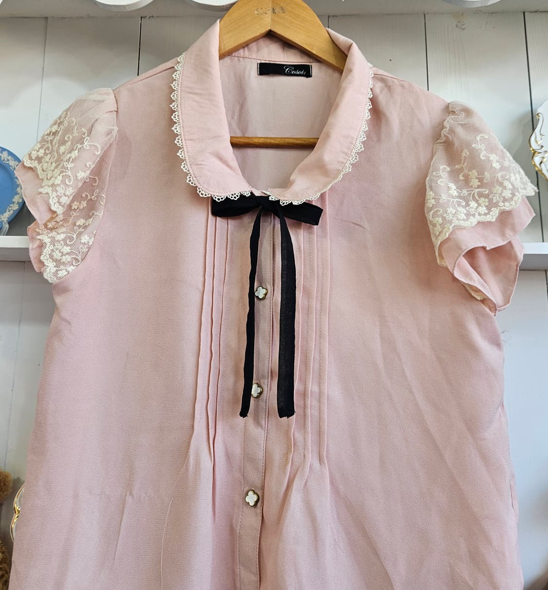 핑크 레이스 블라우스 리본 반팔 상품이미지3