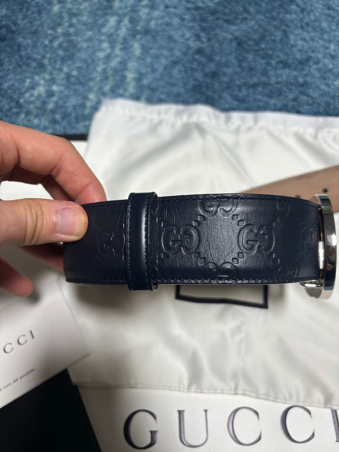 구찌 인터로킹 더블G 버클 남성용 벨트 네이비 상품이미지3
