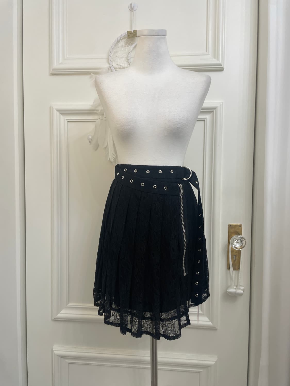 black lace pleats belt point skirt 상품이미지1