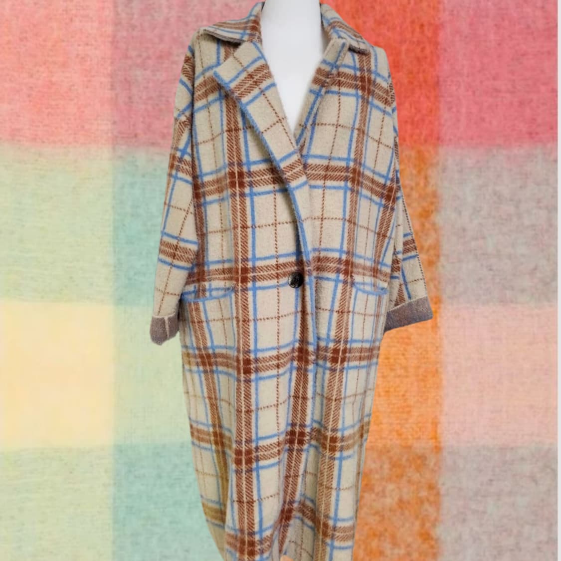 빈티지 파스텔톤 오버사이즈 체크 울 롱코트 상품이미지1