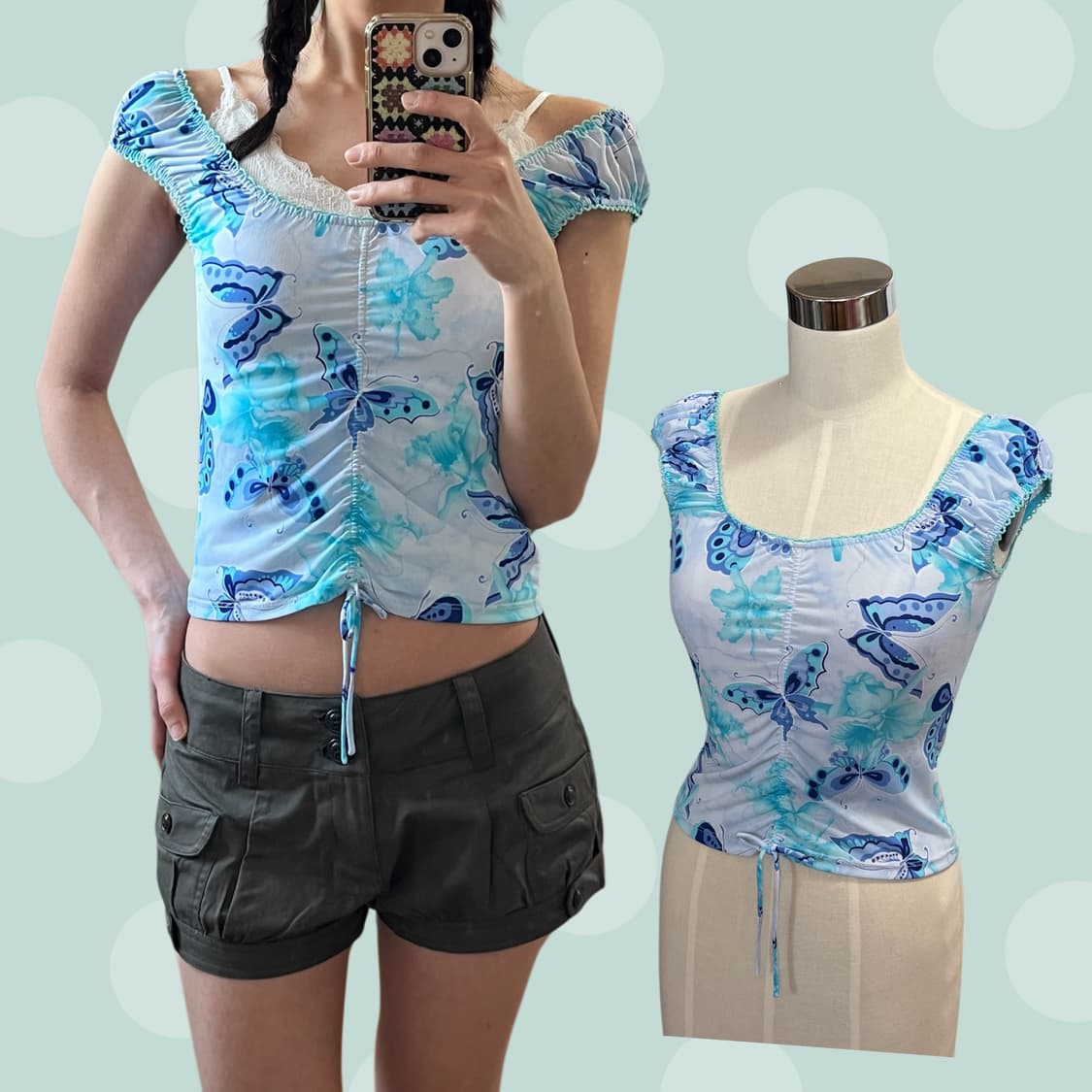 핀터깔 나비 패턴 셔링 슬리브리스 블라우스 상품이미지1