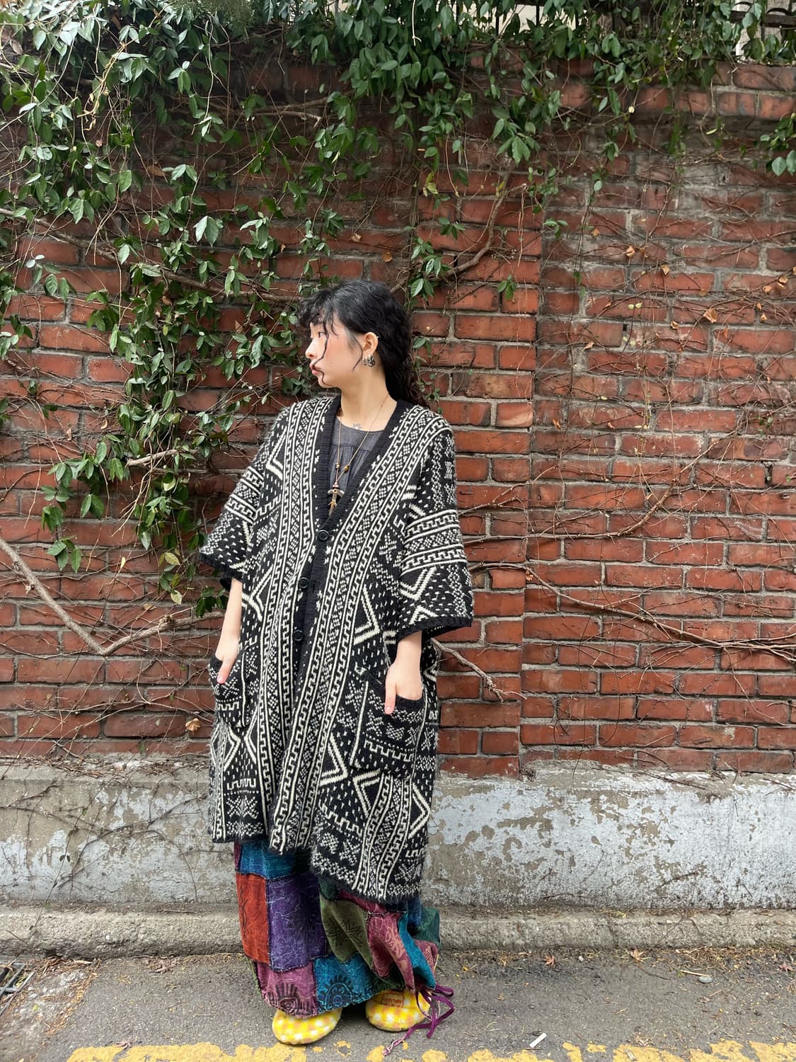 블랙 히피패턴 롱 케이프 니트 가디건 상품이미지2