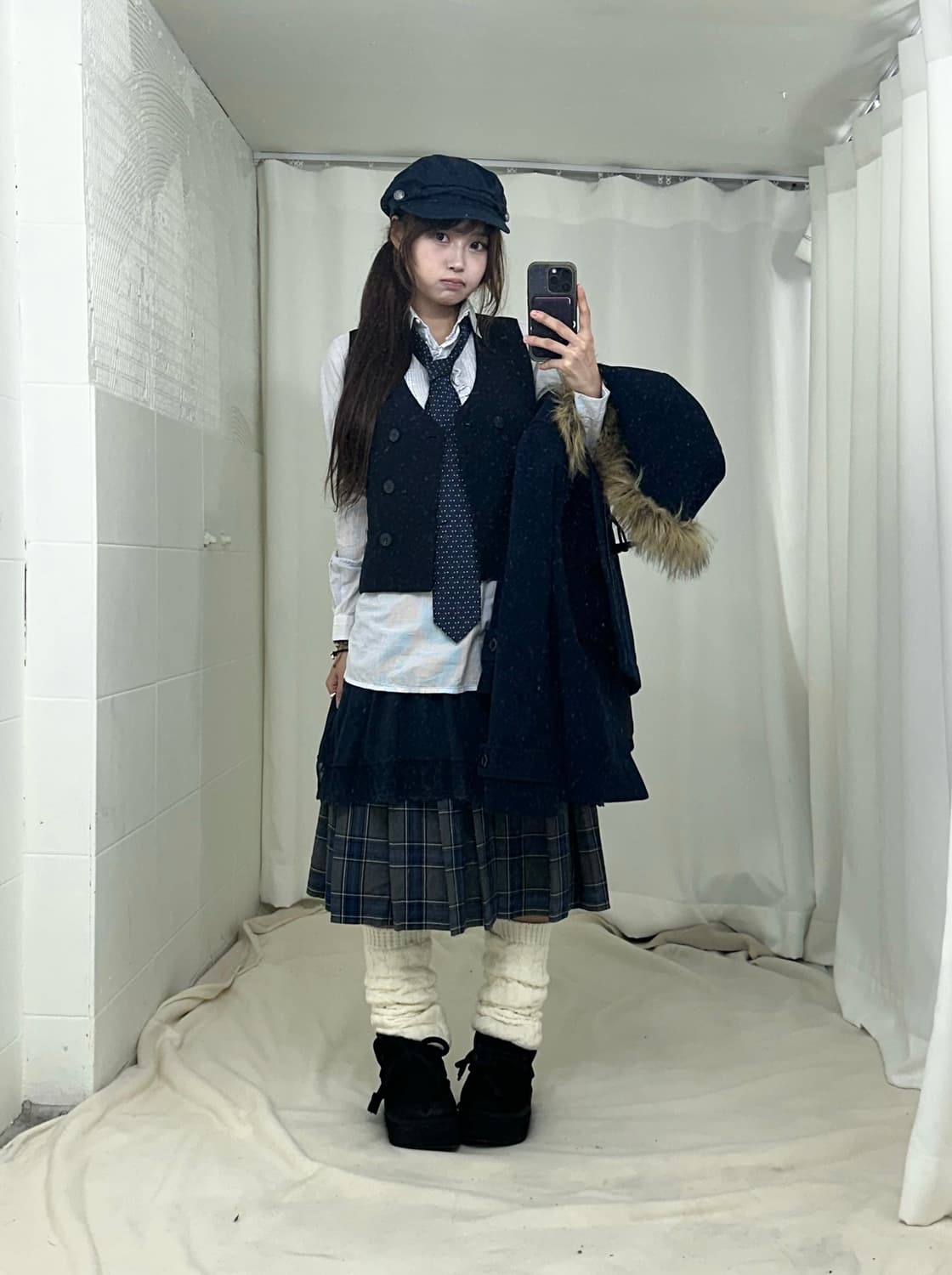 네이비 니혼진 프레피 떡볶이 코트 코디세트 상품이미지2