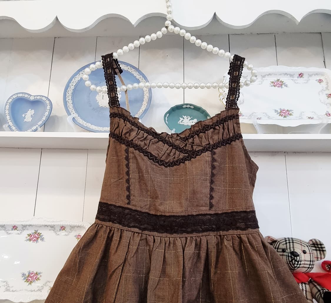 브라운 체크 프릴 레이스 원피스 상품이미지2