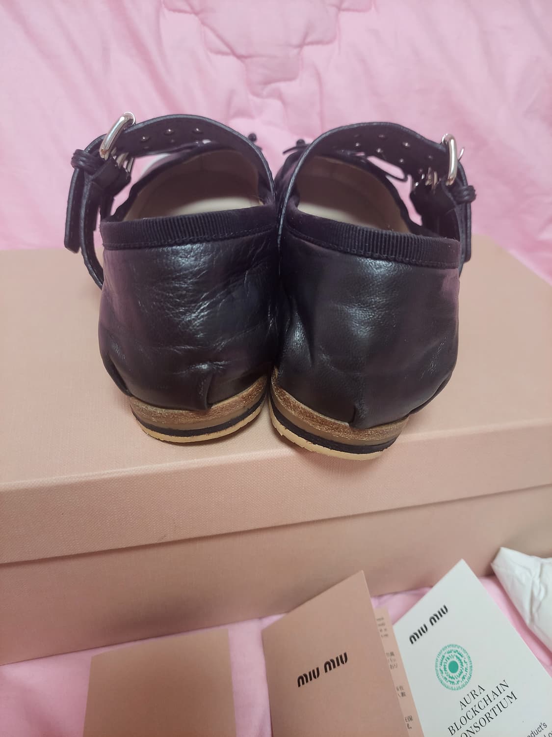 정품)급처3번정도신은!미우미우 가죽더블스트랩리본발레리나플랫슈즈메리제인구두 상품이미지9