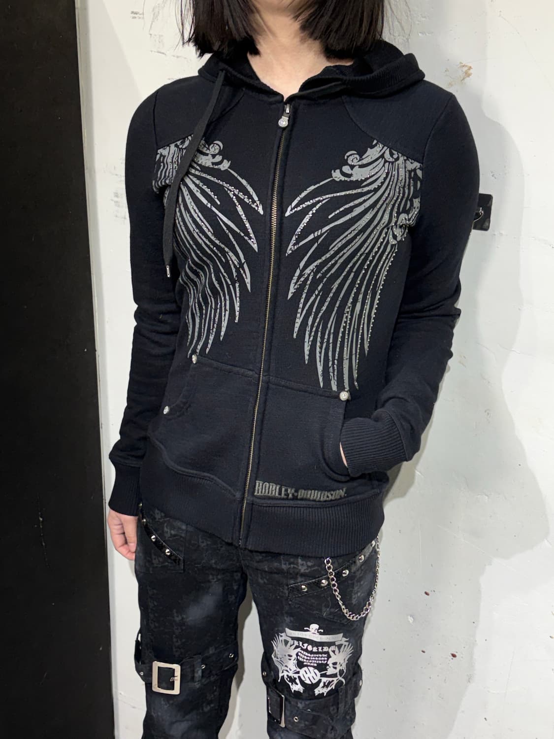 할리데이비슨 큐빅 y2k 날개 자수 후드 집업 XS 상품이미지2