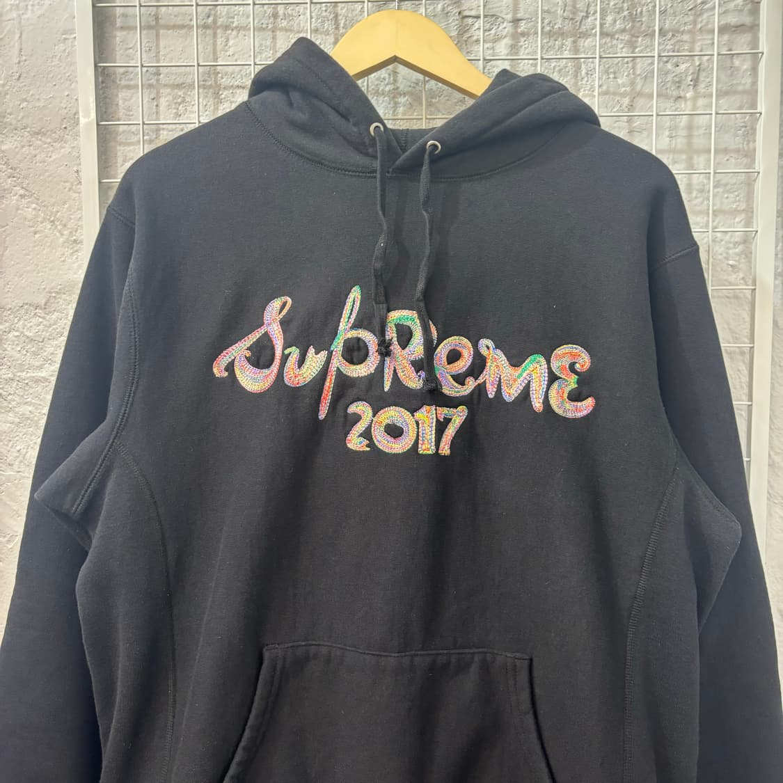 17fw 슈프림 헤비 웨이트 브러쉬 로고 블랙 후드 티셔츠 L 상품이미지3