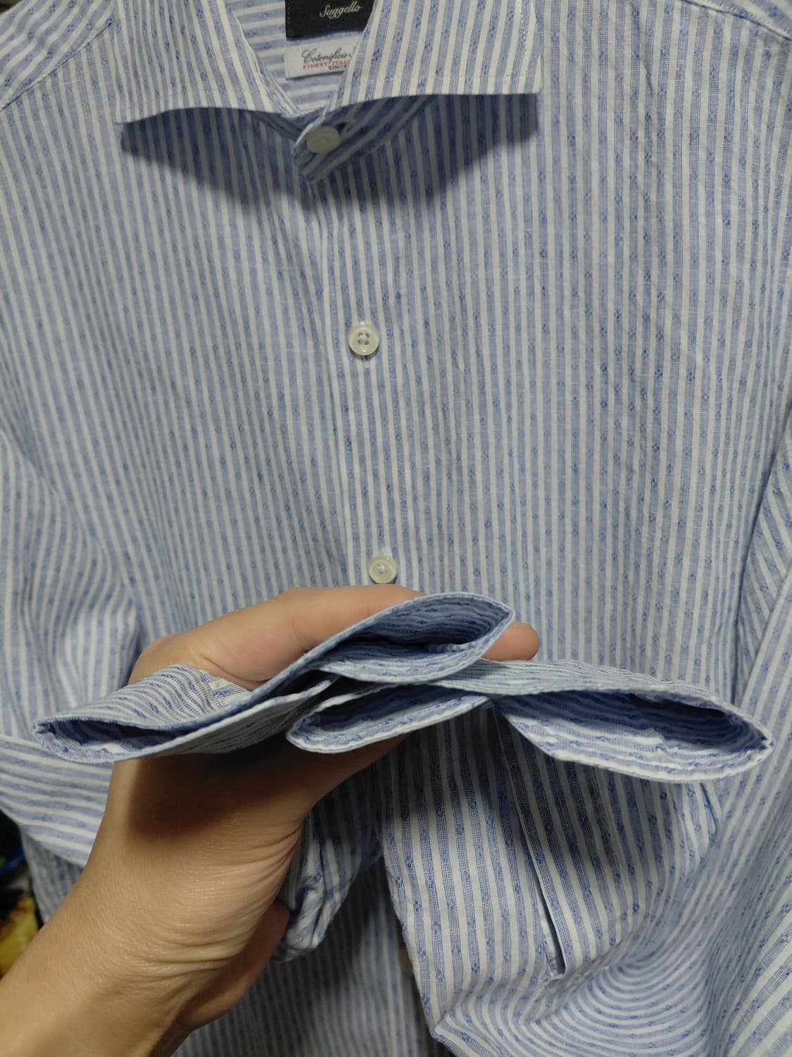 [갤럭시]수젤로 면,마 혼방 블루 도비 스트라이프 셔츠 95 상품이미지7