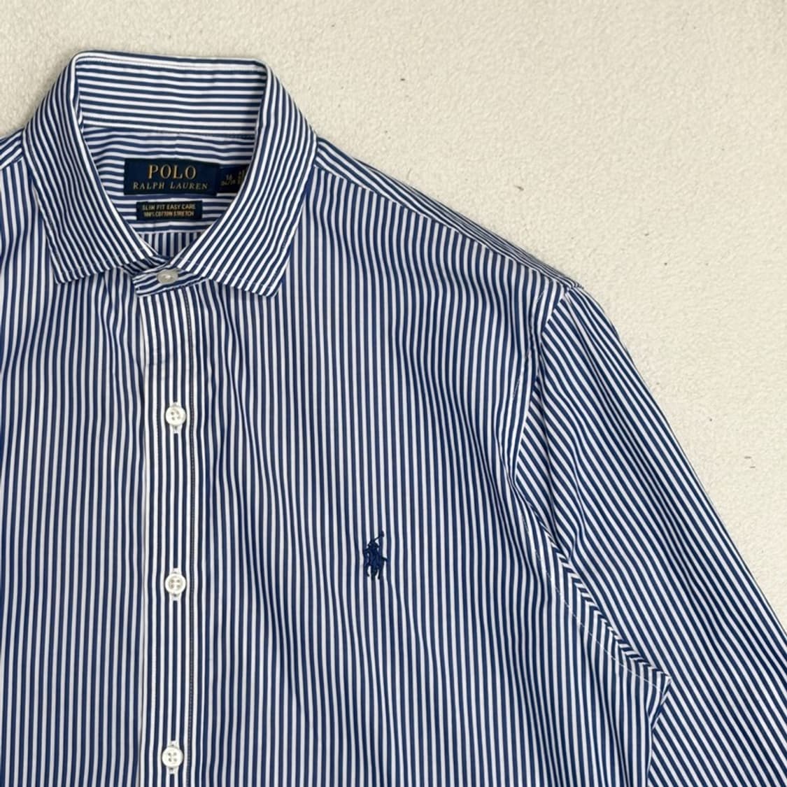 POLO 블루 스트라이프 와이드카라 드레스 셔츠 16 34/35 상품이미지3