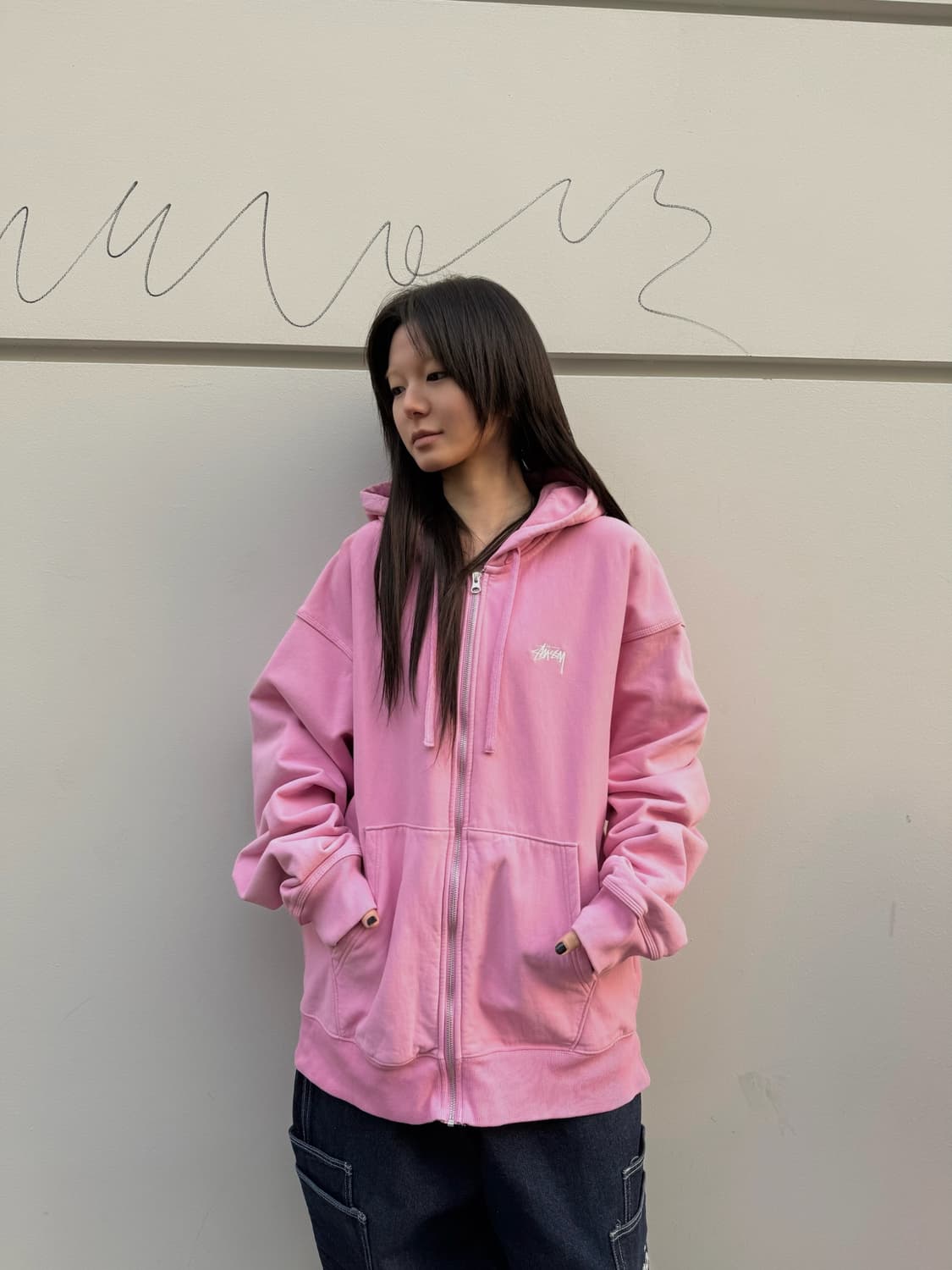 스투시 스탁 로고 핑크 오버핏 후드집업 상품이미지2