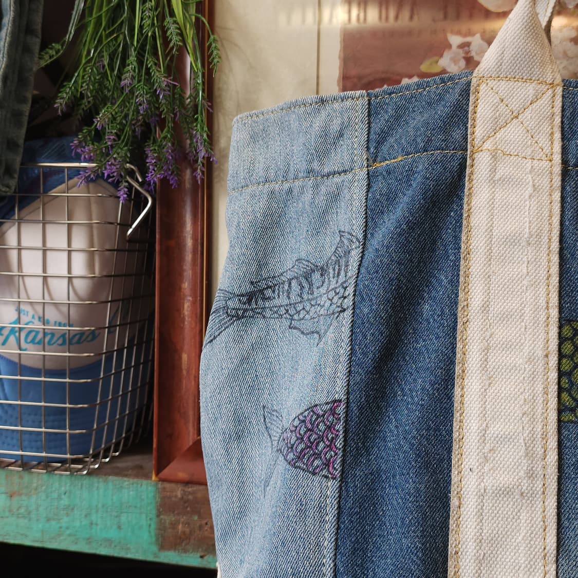 핸드 드로잉 빅사이즈 캔버스 데님 토트백 빈티지 더플백 리메이크 상품이미지6