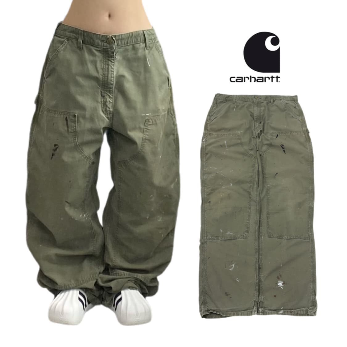 칼하트 OG 더블니 모스그린 카펜터 페이딩 와이드 워크팬츠 상품이미지1