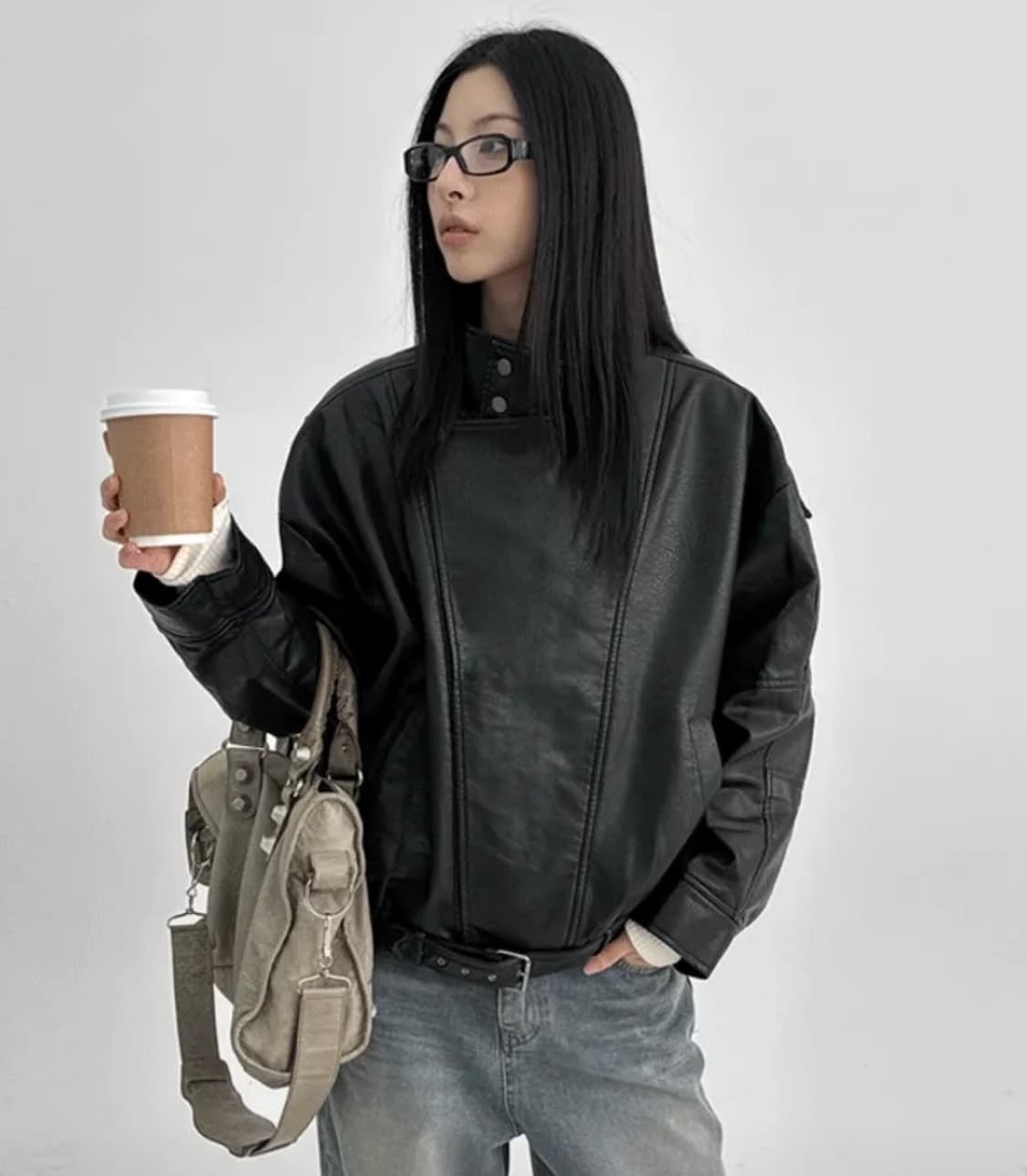 샤글 하이넥 퍼 레더점퍼 상품이미지1