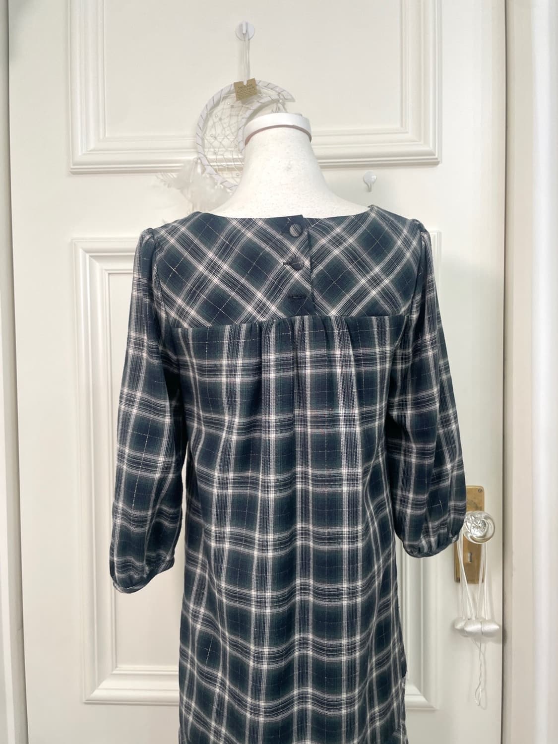 EARTH navy glitter check puff shirring m 상품이미지5