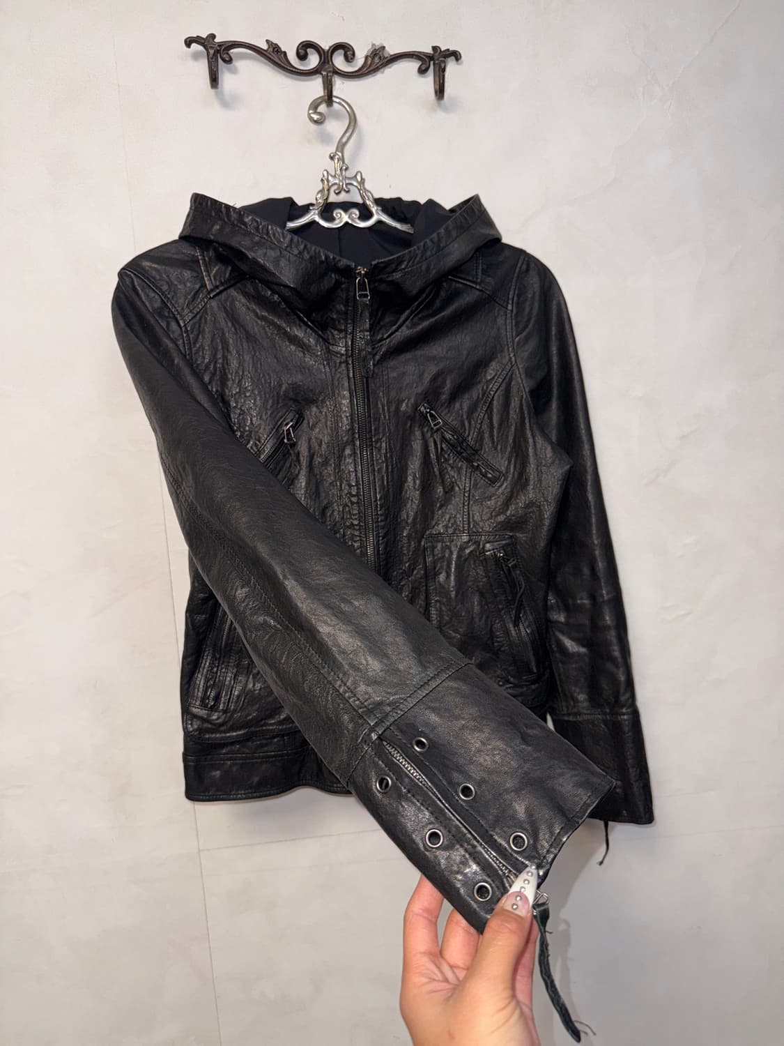 Black lamb skin hood zipup jacket 상품이미지5
