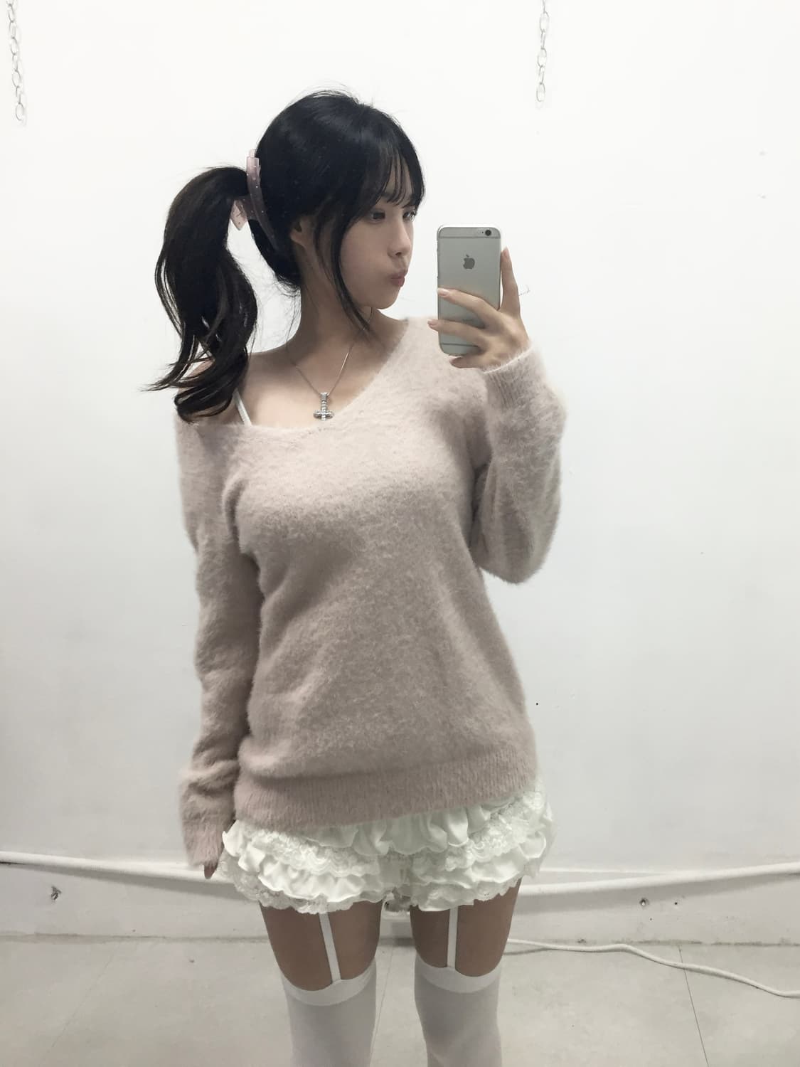 [JPN] 로걀 핑크 앙고라 원숄더 니트 상품이미지1