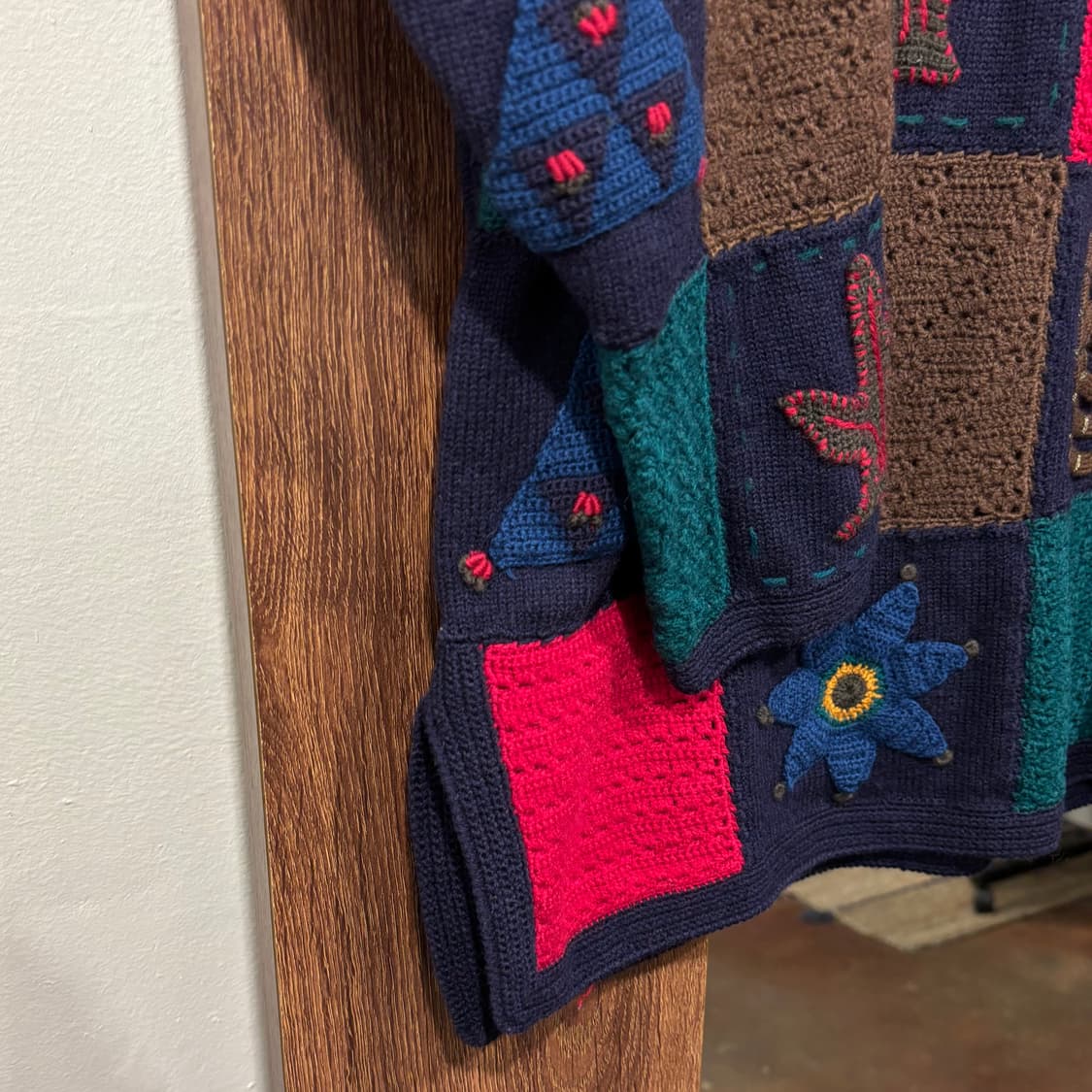 일본 빈티지 울100 뜨개 모티브 아플리케 패치워크 니트 상품이미지6