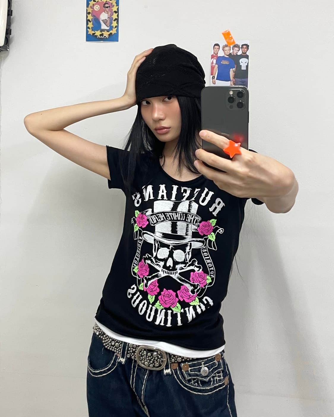 Skeleton Rose Slit American Flag T-shirt 상품이미지2