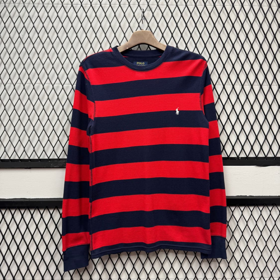폴로 랄프로렌 와플 니트 스트라이프 패턴 화이트 포니 포인트 네이비 레드 상품이미지1