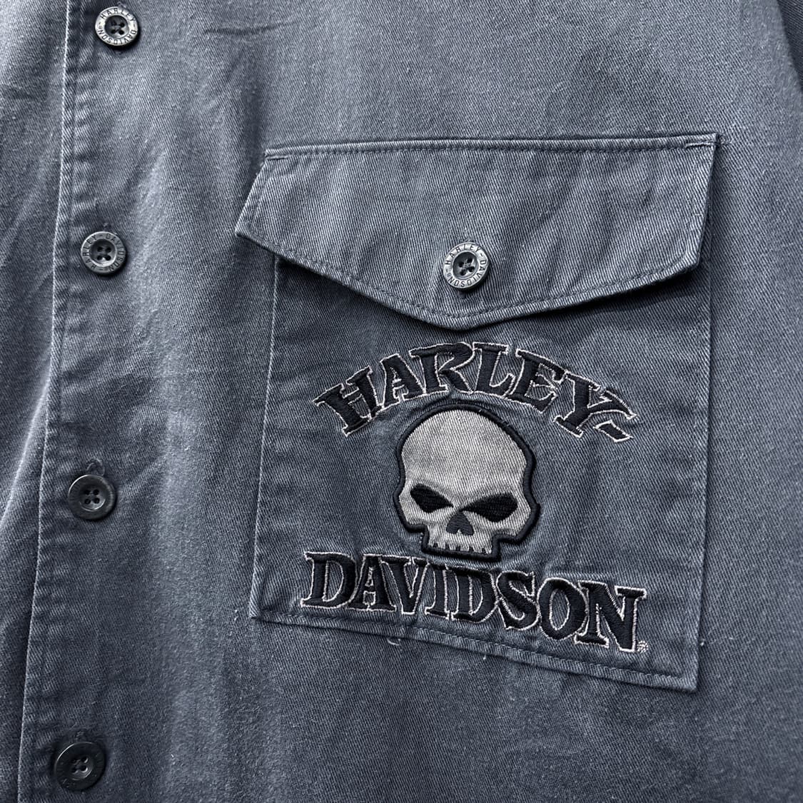 00s 할리데이비슨 윌리 G 스컬 엠브로이드 코튼 바이커 셔츠 N1186 상품이미지5