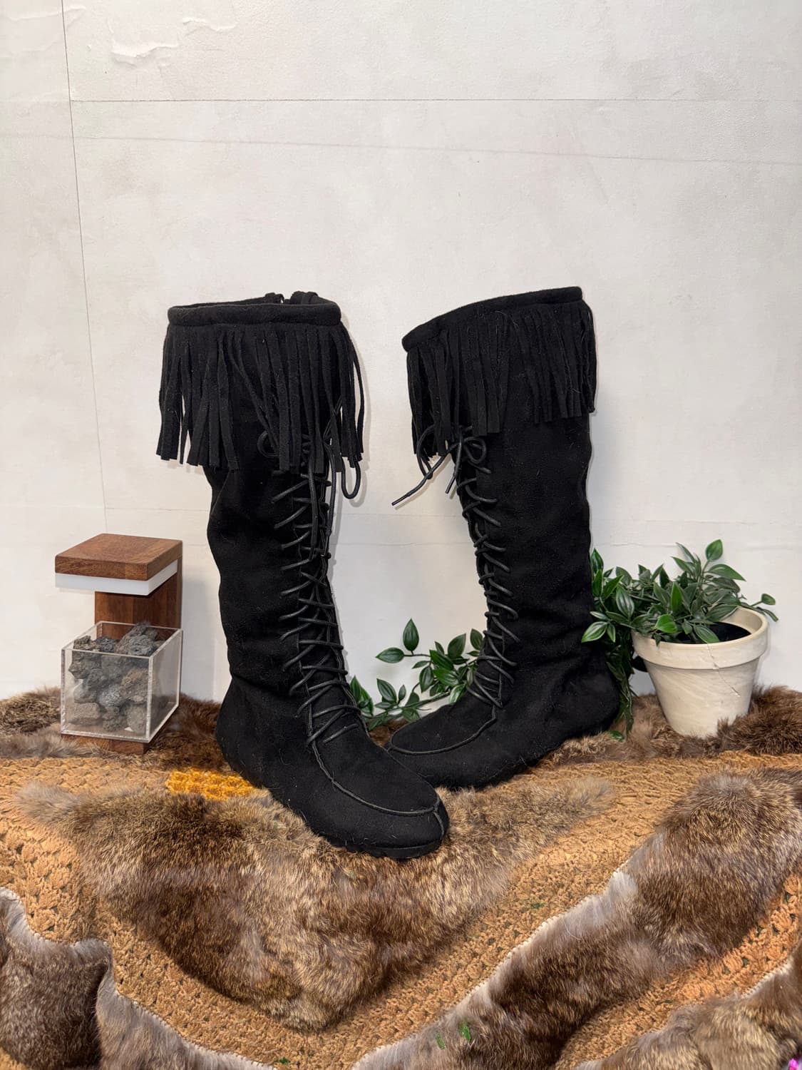 Black western suede fringe laceup boots 상품이미지4