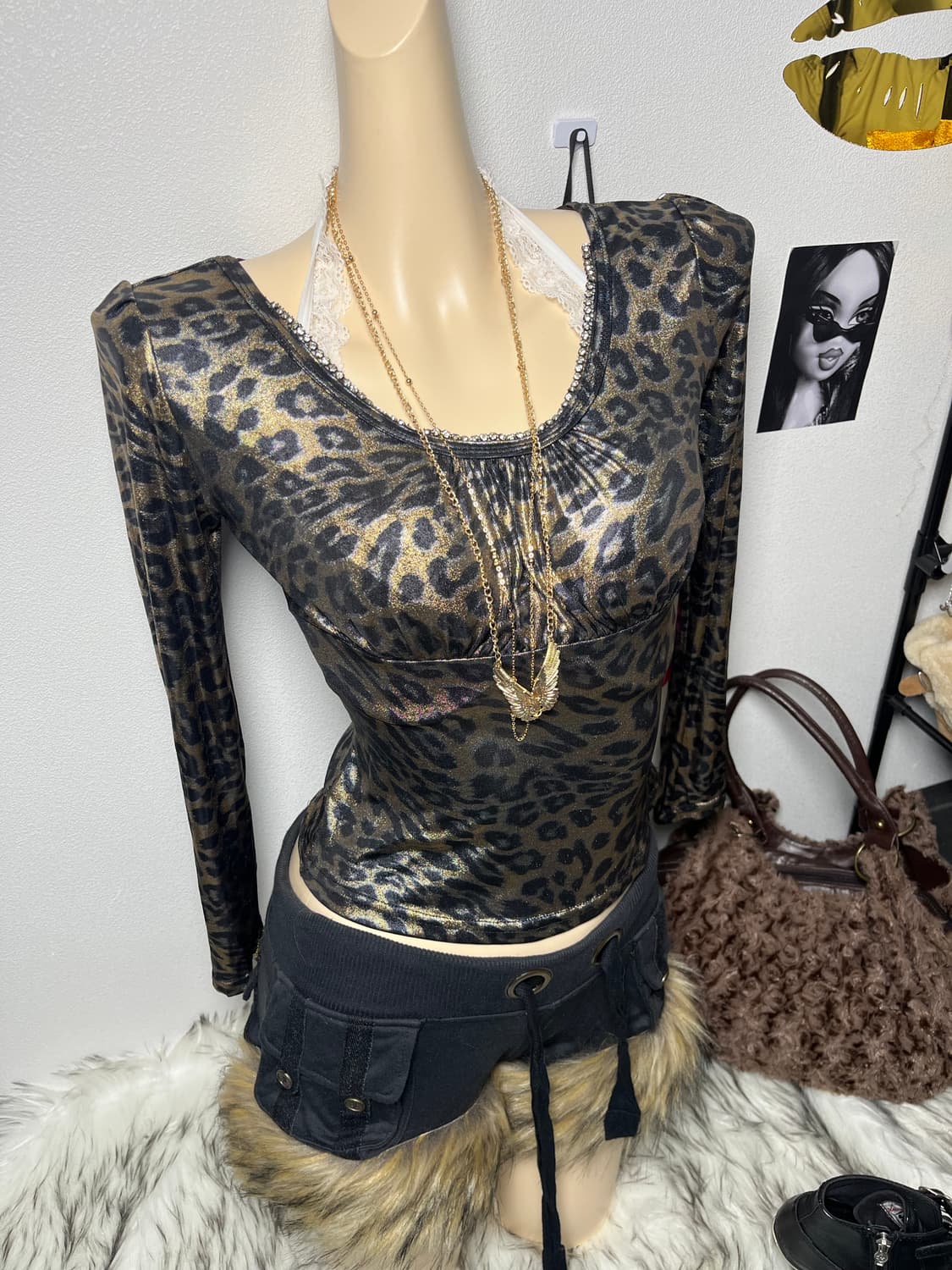 빈티지 오네갸루 메탈릭 호피 오프숄더 긴팔 티셔츠 상품이미지1