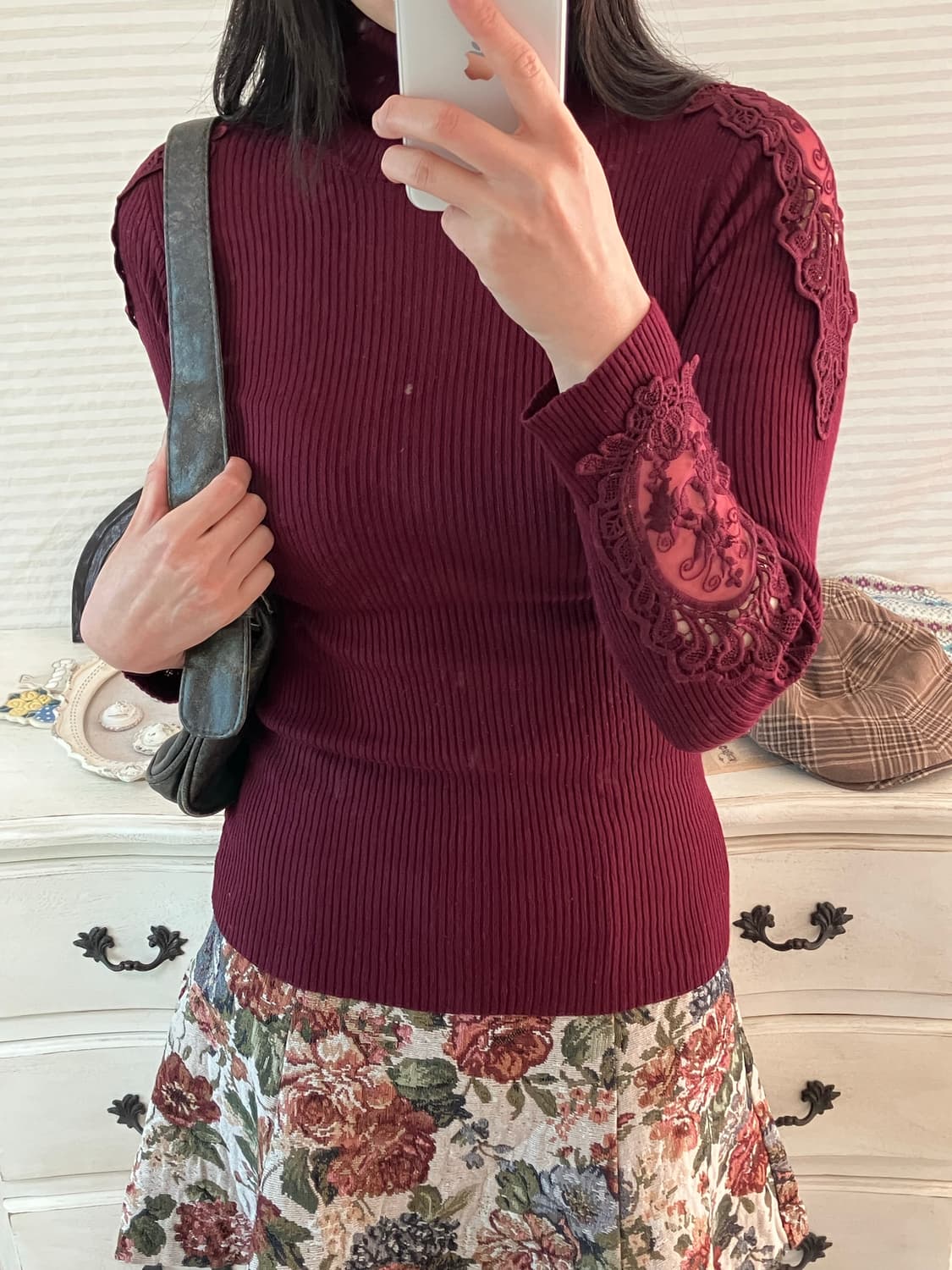 jpn vintage 레드와인 자수 디테일 골지 니트 y2k 스트릿 갸루 상품이미지2