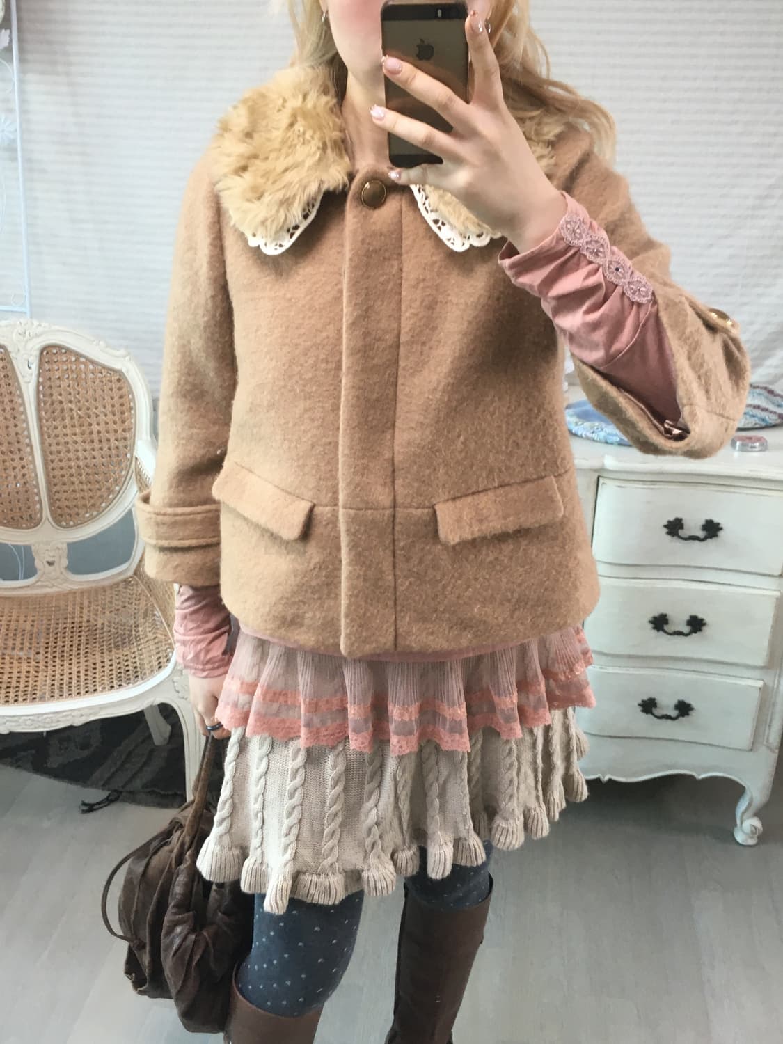 camel deer lace fur-collar wool  jacket 상품이미지2