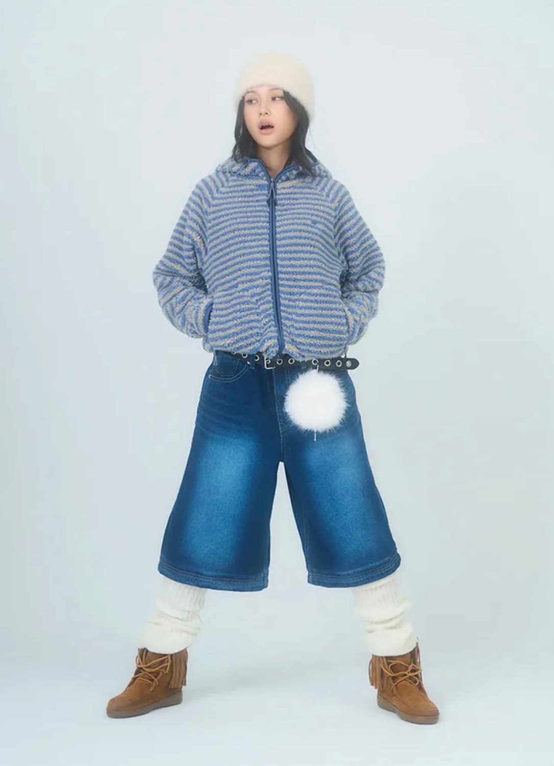 스트라이프 플리스 후드 자켓 블루 상품이미지3