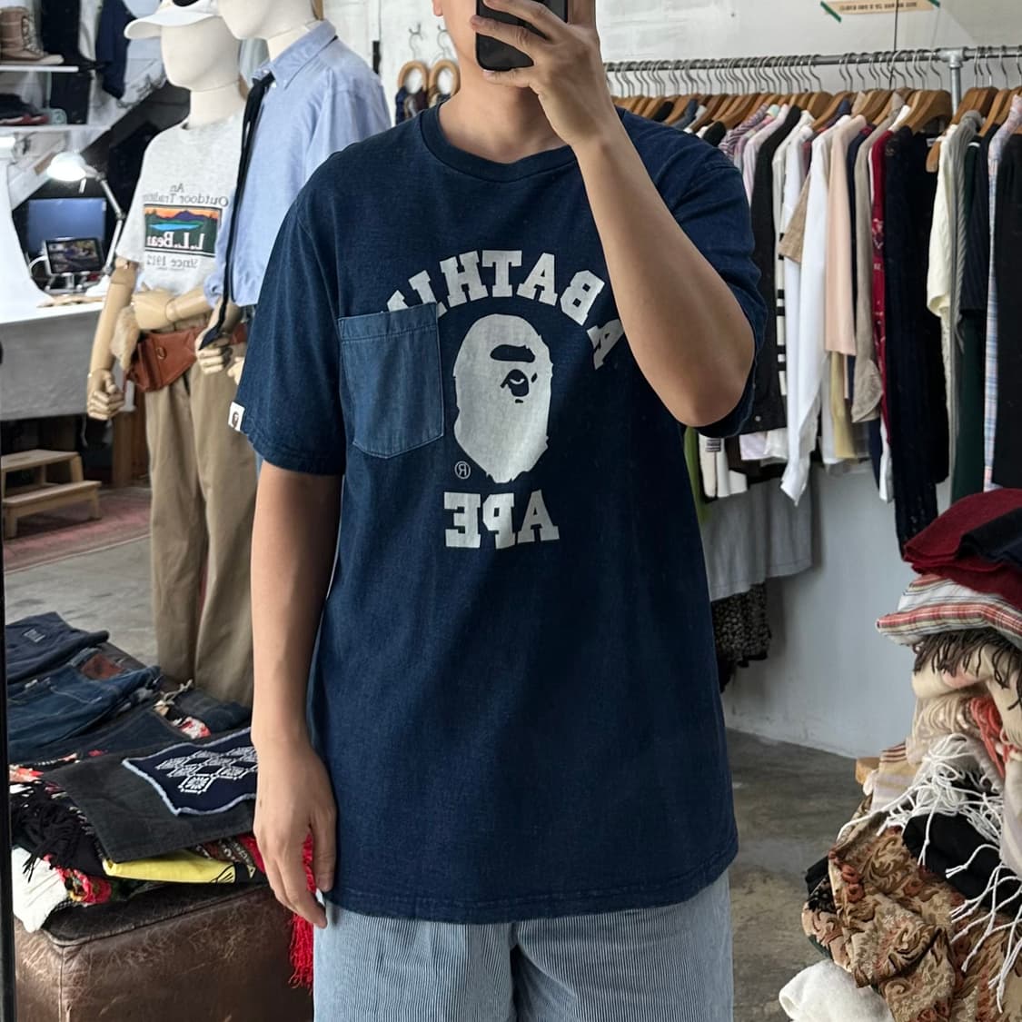 (착용컷) 베이프 A Bathing Ape 인디고 포켓 반팔 티셔츠 L 상품이미지4